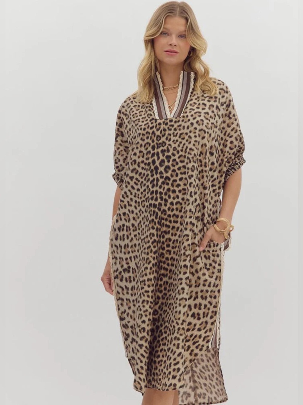 $68 NWOT Entro Mocha Leopard Dolman Sleeve Midi Dress S
